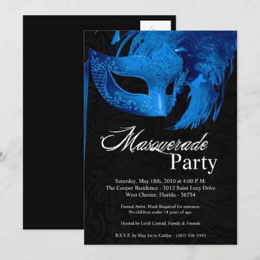 5x7 Blue Masquerade Sweet 16 Birthday Invitation Kaart (Voorkant / Achterkant)