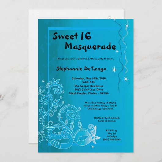 5x7 Blue Masquerade Sweet 16 Verjaardag Uitnodigin Kaart (Voorkant / Achterkant)