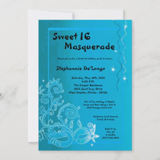 5x7 Blue Masquerade Sweet 16 Verjaardag Uitnodigin Kaart (Voorkant)