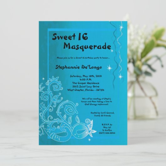 5x7 Blue Masquerade Sweet 16 Verjaardag Uitnodigin Kaart (Staand voorkant)