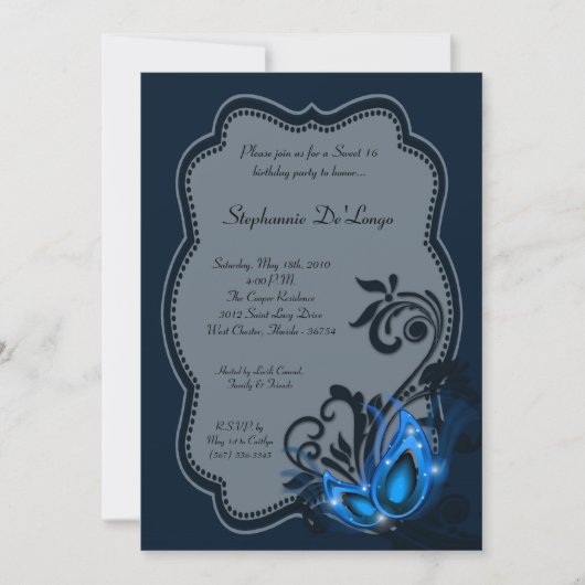 5x7 Blue Masquerade Sweet 16 Verjaardag Uitnodigin Kaart (Voorkant)