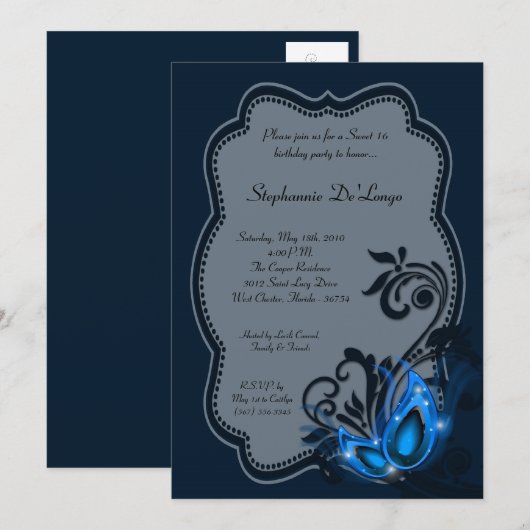 5x7 Blue Masquerade Sweet 16 Verjaardag Uitnodigin Kaart (Voorkant / Achterkant)