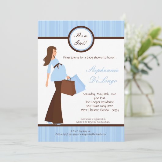 5x7 Blue Modern Mod Mom Baby shower Uitnodiging (Staand voorkant)