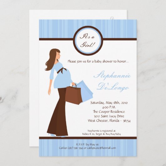 5x7 Blue Modern Mod Mom Baby shower Uitnodiging (Voorkant / Achterkant)