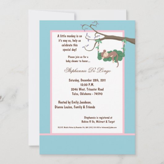5x7 Blue Monkey Baby shower Uitnodiging (Voorkant)