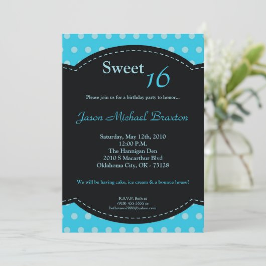 5x7 Blue Polkadot Sweet 16 Birthday Invitation Kaart (Staand voorkant)