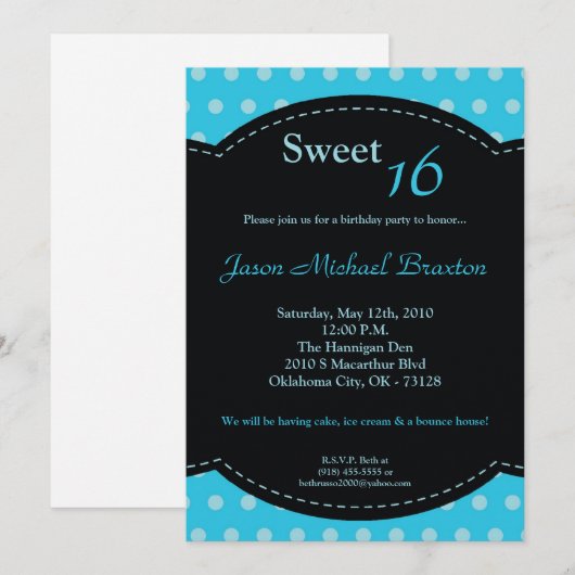 5x7 Blue Polkadot Sweet 16 Birthday Invitation Kaart (Voorkant / Achterkant)