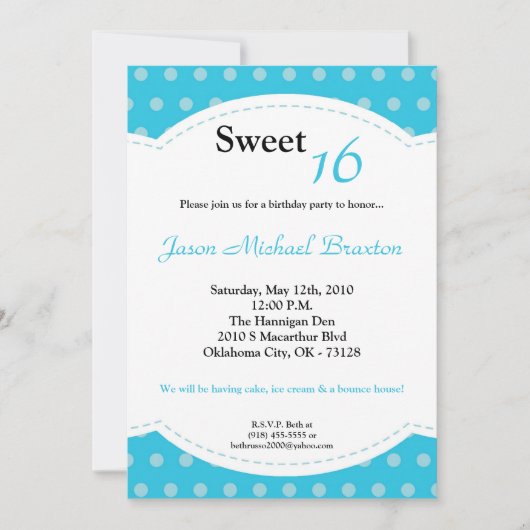 5x7 Blue Polkadot Sweet 16 Birthday Invitation Kaart (Voorkant)