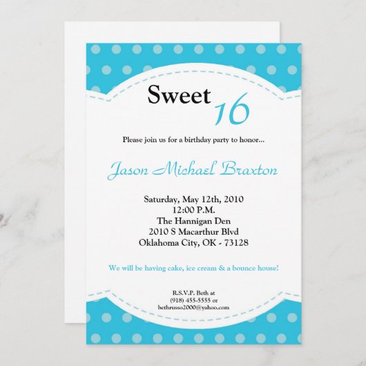 5x7 Blue Polkadot Sweet 16 Birthday Invitation Kaart (Voorkant / Achterkant)