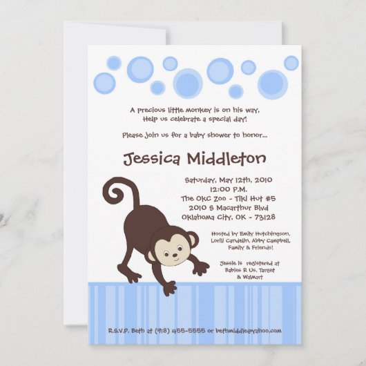 5x7 Blue Pop Monkey Dance Baby shower Invitation Kaart (Voorkant)