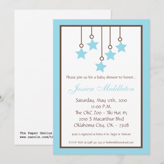 5x7 Blue Star Mobile Baby shower Invitation Kaart (Voorkant / Achterkant)
