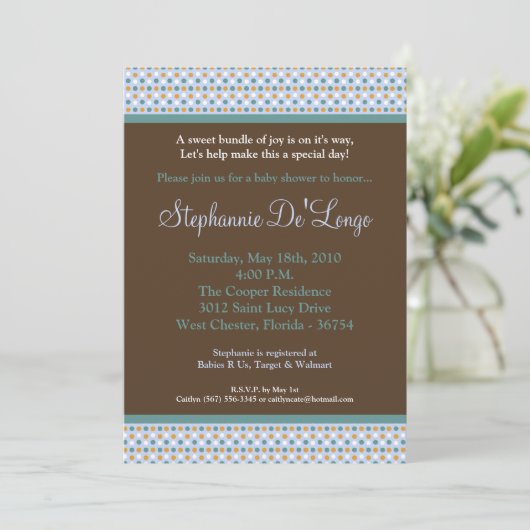 5x7 Blue Sweetheat PolkaDot Baby shower Uitnodigin Kaart (Staand voorkant)