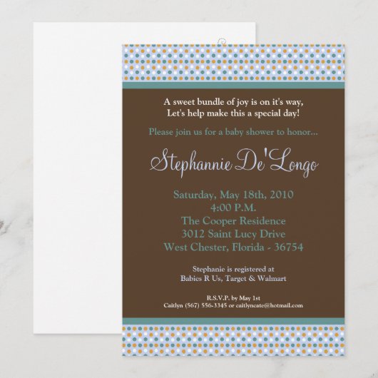 5x7 Blue Sweetheat PolkaDot Baby shower Uitnodigin Kaart (Voorkant / Achterkant)