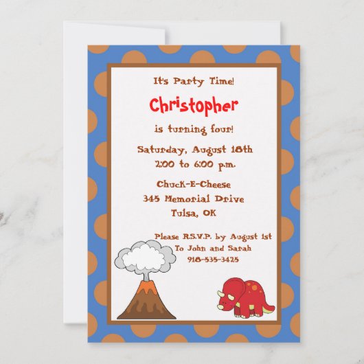 5x7 Blue Tan Polkadot Dinosaur Birthday Invite Kaart (Voorkant)