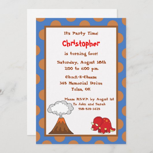 5x7 Blue Tan Polkadot Dinosaur Birthday Invite Kaart (Voorkant / Achterkant)