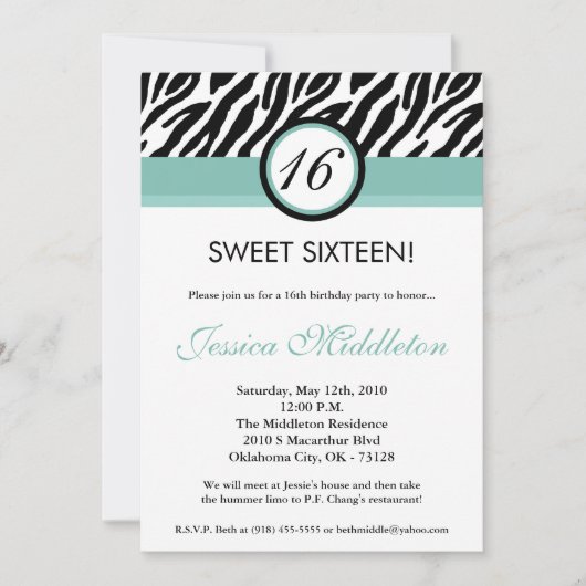 5x7 Blue Zebra 16th Birthday Invitation Kaart (Voorkant)