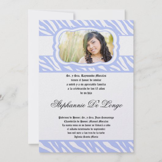 5x7 Blue Zebra Print Patter Quinceanera Uitnodigin Kaart (Voorkant)