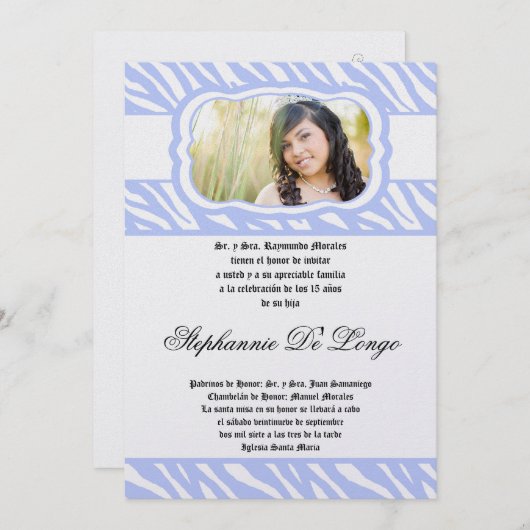 5x7 Blue Zebra Print Patter Quinceanera Uitnodigin Kaart (Voorkant / Achterkant)