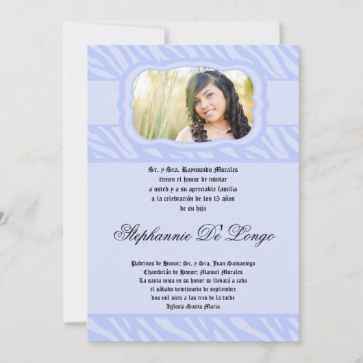 5x7 Blue Zebra Print Patter Quinceanera Uitnodigin Kaart (Voorkant)