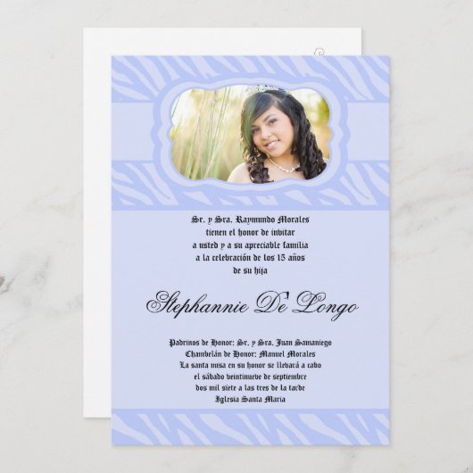 5x7 Blue Zebra Print Patter Quinceanera Uitnodigin Kaart (Voorkant / Achterkant)