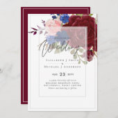 5x7 bordeaux blauw roze bloemige trouw uitnodiging (Voorkant / Achterkant)