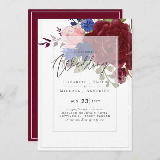 5x7 bordeaux blauw roze bloemige trouw uitnodiging (Voorkant / Achterkant)