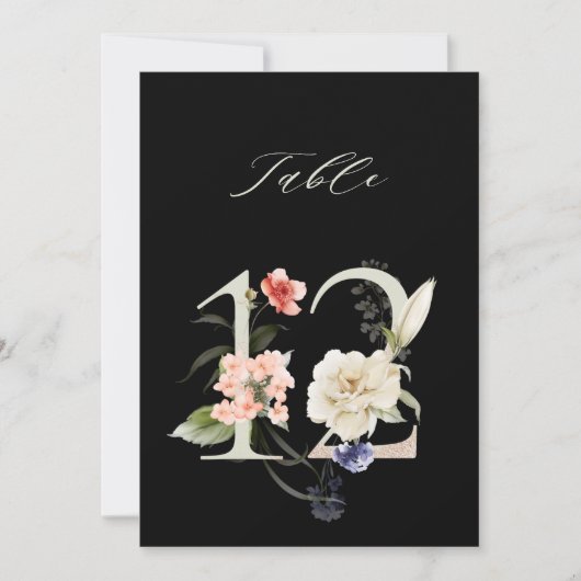 5x7 Botanical Floral Number 12, Black Table Number Kaart (Voorkant)