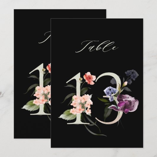 5x7 Botanical Floral Number 13, Black Table Number Kaart (Voorkant / Achterkant)