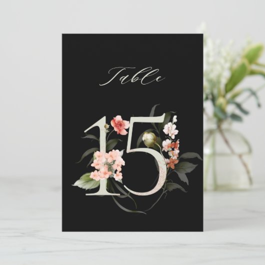 5x7 Botanical Floral Number 15, Black Table Number Kaart (Staand voorkant)