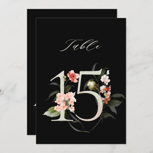 5x7 Botanical Floral Number 15, Black Table Number Kaart (Voorkant / Achterkant)