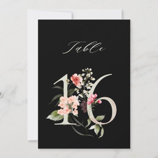 5x7 Botanical Floral Number 16, Black Table Number Kaart (Voorkant)
