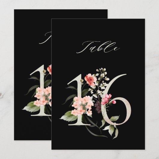 5x7 Botanical Floral Number 16, Black Table Number Kaart (Voorkant / Achterkant)