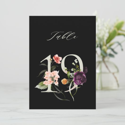5x7 Botanical Floral Number 19, Black Table Number Kaart (Staand voorkant)