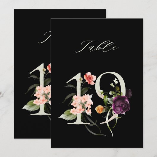 5x7 Botanical Floral Number 19, Black Table Number Kaart (Voorkant / Achterkant)