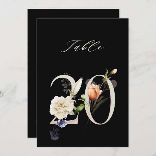 5x7 Botanical Floral Number 20, Black Table Number Kaart (Voorkant / Achterkant)