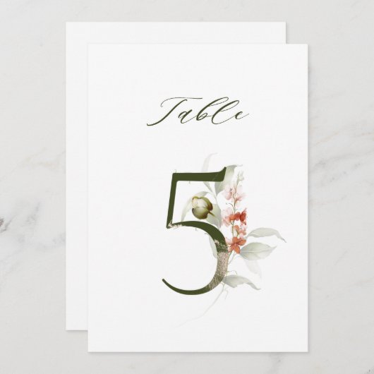 5x7 Botanical Floral Number 5, Table Number Kaart (Voorkant / Achterkant)