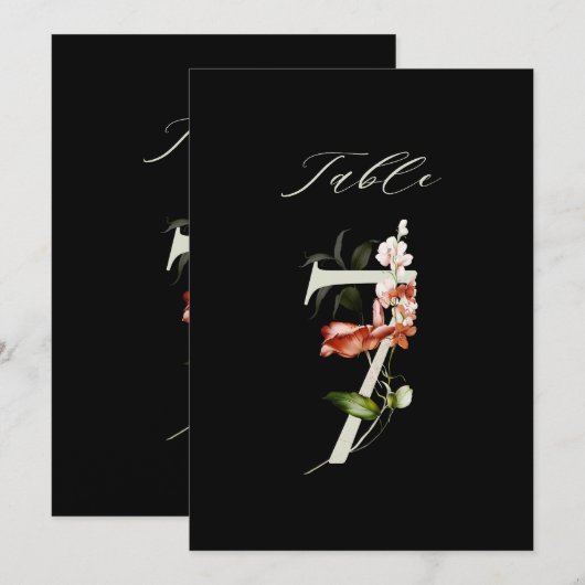 5x7 Botanical Floral Number 7, Black Table Number Kaart (Voorkant / Achterkant)