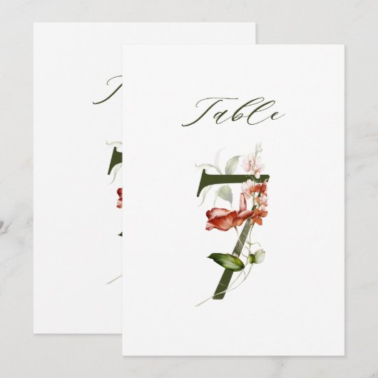 5x7 Botanical Floral Number 7, Table Number Kaart (Voorkant / Achterkant)