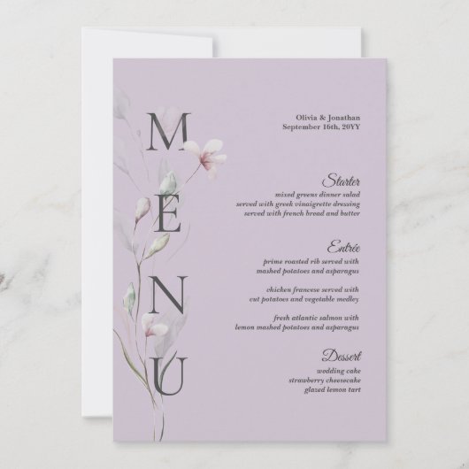5x7" Botanische Paarse Trouwtafel Menu Kaart (Voorkant)