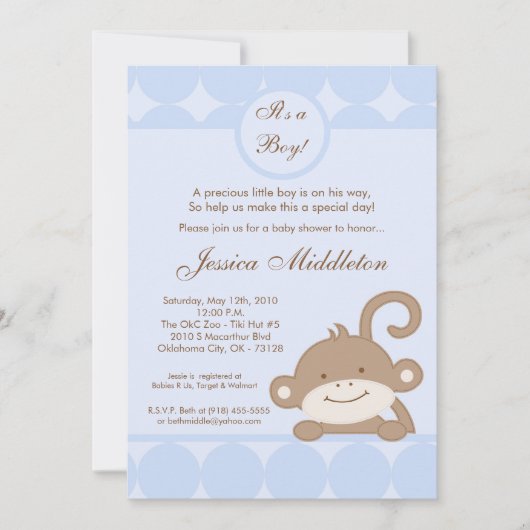 5x7 Boy Blu PolkaDot Monkey Baby shower Uitnodigin Kaart (Voorkant)