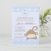 5x7 Boy Blu PolkaDot Monkey Baby shower Uitnodigin Kaart (Staand voorkant)