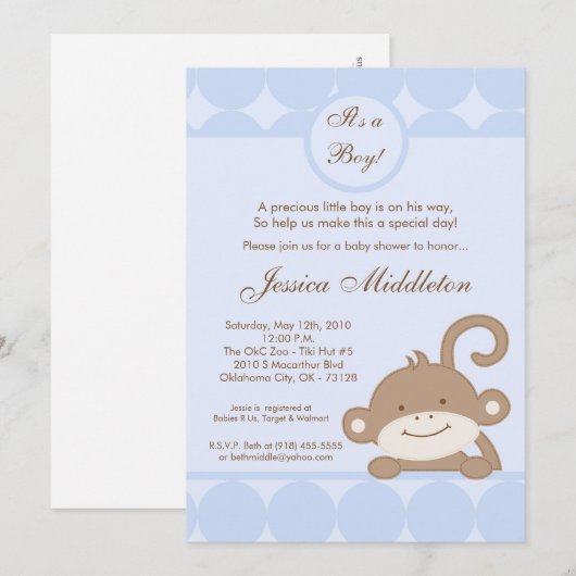 5x7 Boy Blu PolkaDot Monkey Baby shower Uitnodigin Kaart (Voorkant / Achterkant)