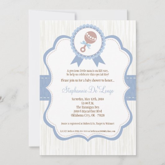 5x7 Boy Blue Baby Rattle Baby shower Invitation Kaart (Voorkant)