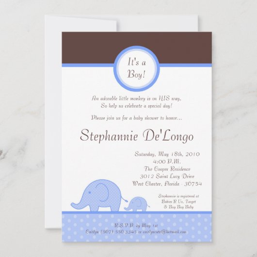 5x7 Boy Blue Mod Elephant Baby shower Uitnodiging (Voorkant)