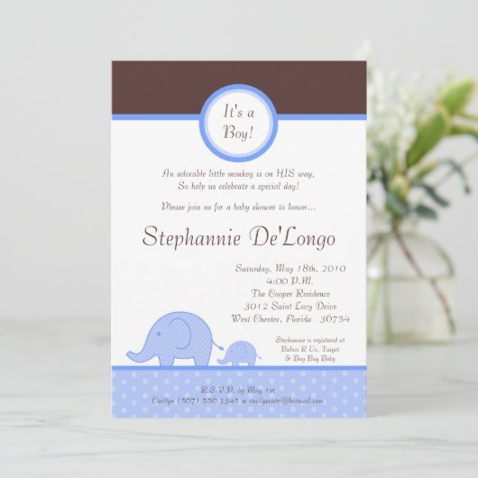 5x7 Boy Blue Mod Elephant Baby shower Uitnodiging (Staand voorkant)