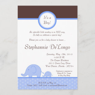 5x7 Boy Blue Mod Elephant Baby shower Uitnodiging