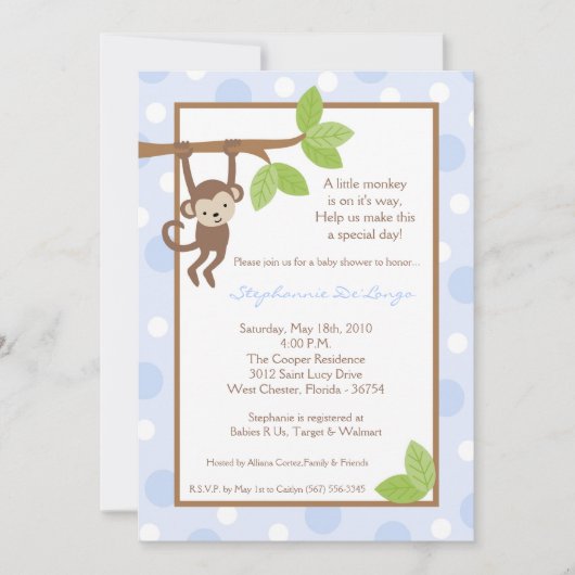 5x7 Boy Blue Monkey Oerwoud Baby shower Uitnodigin Kaart (Voorkant)