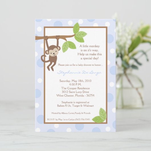 5x7 Boy Blue Monkey Oerwoud Baby shower Uitnodigin Kaart (Staand voorkant)