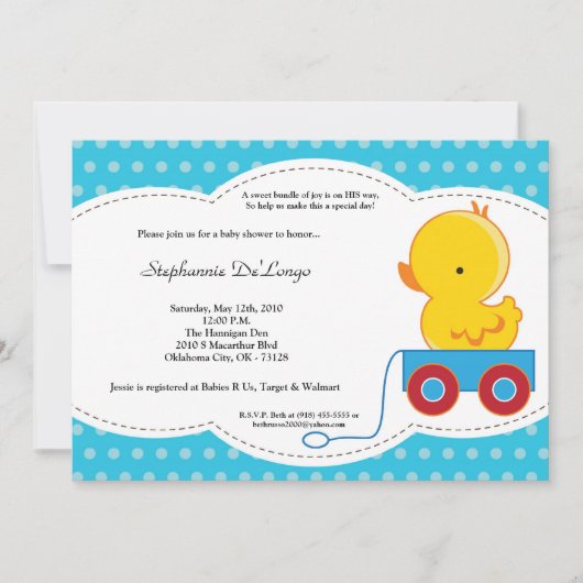 5x7 Boy Blue Polkadot Duck Baby shower Invitation Kaart (Voorkant)