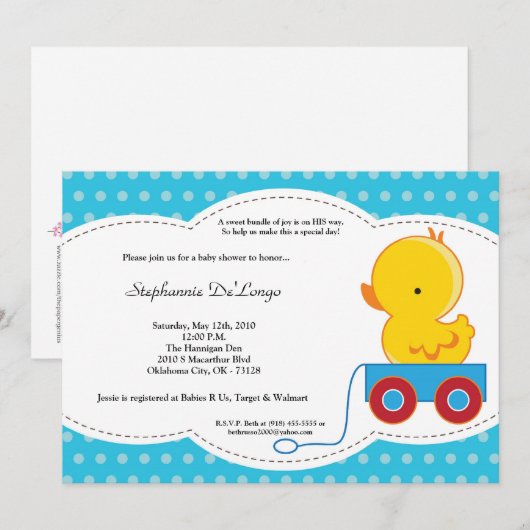 5x7 Boy Blue Polkadot Duck Baby shower Invitation Kaart (Voorkant / Achterkant)